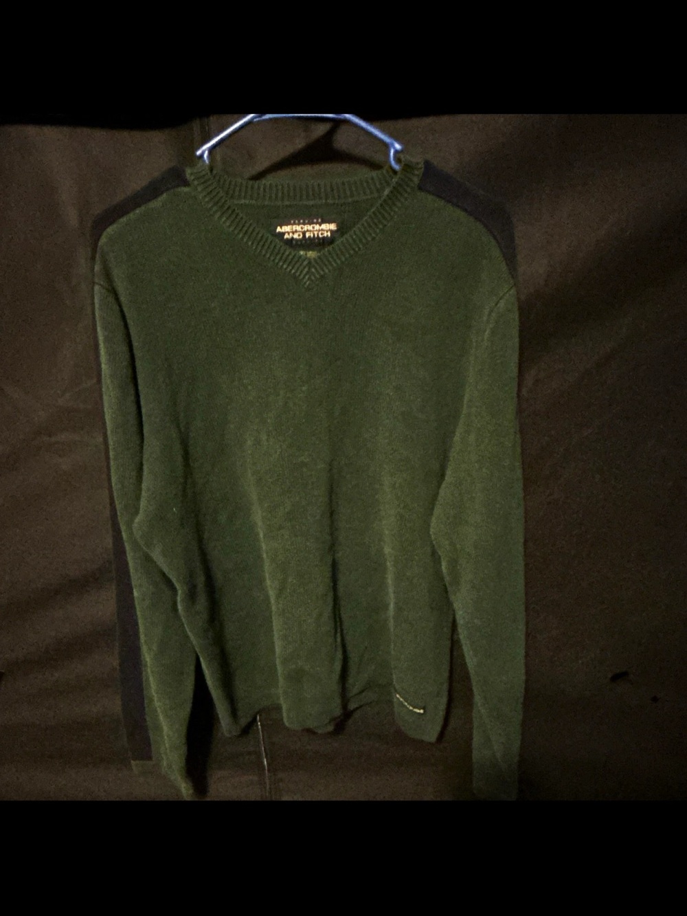 Abercrombie & Fitch Men's Dark Green V-Neck Sweater with Blue Shoulder Detail